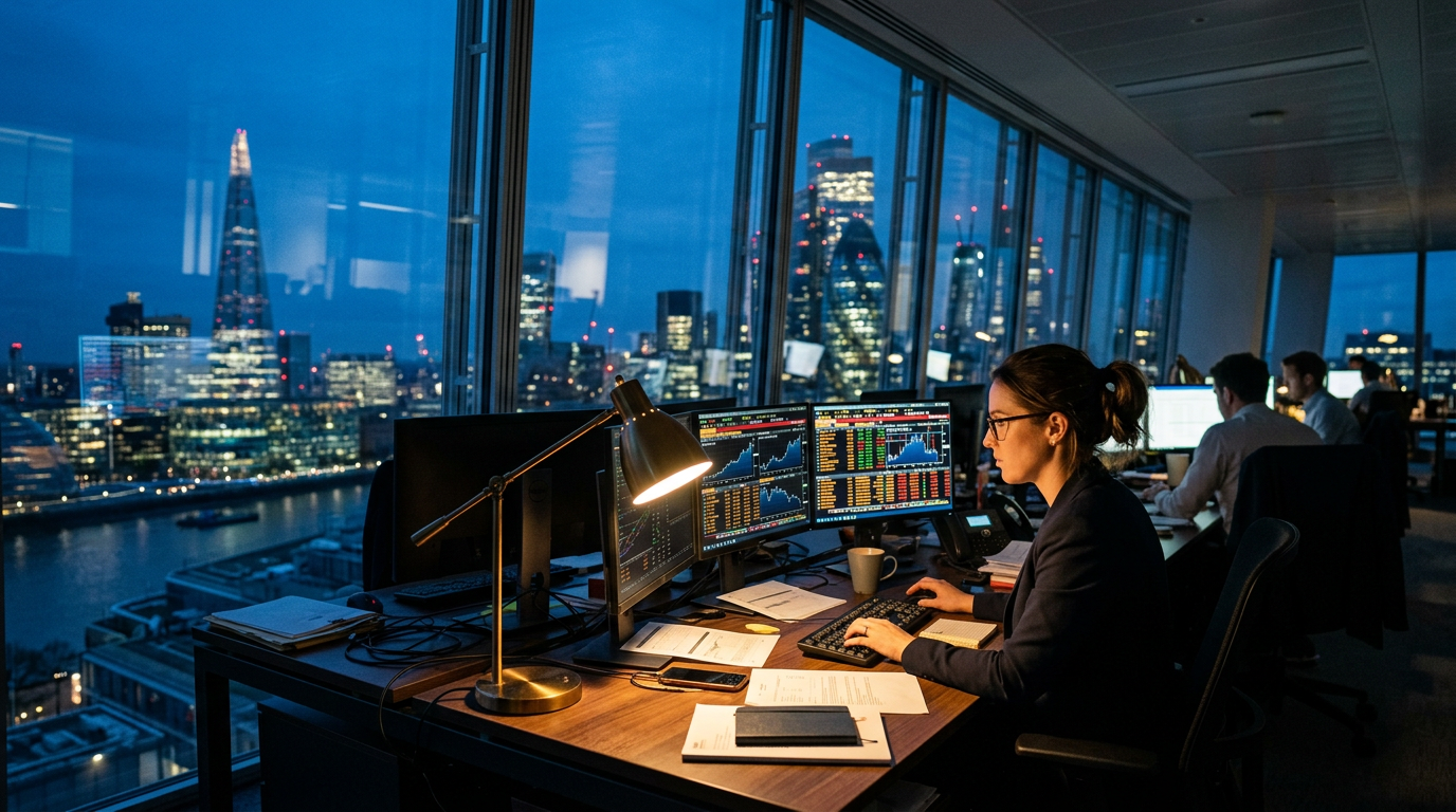 Blue hour desk scene