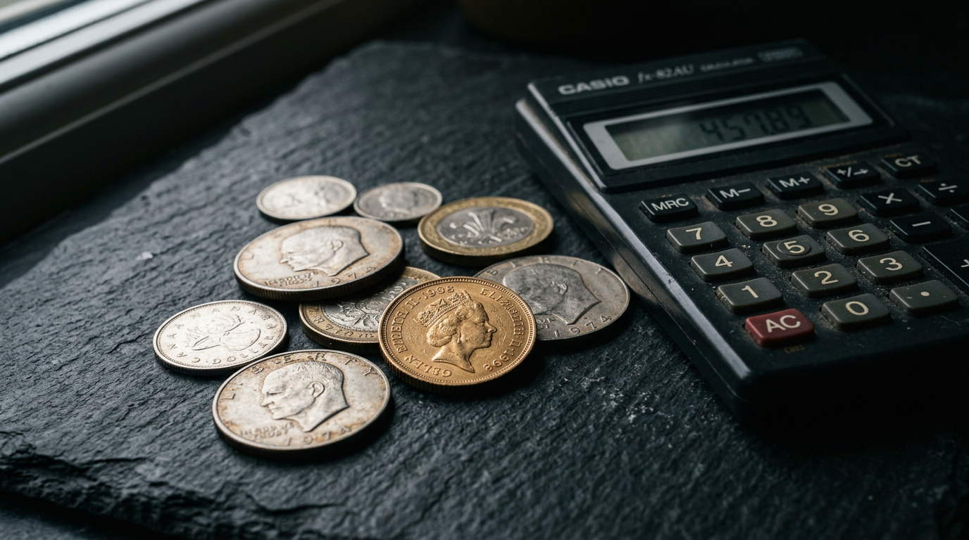 Coins and calculator on slate