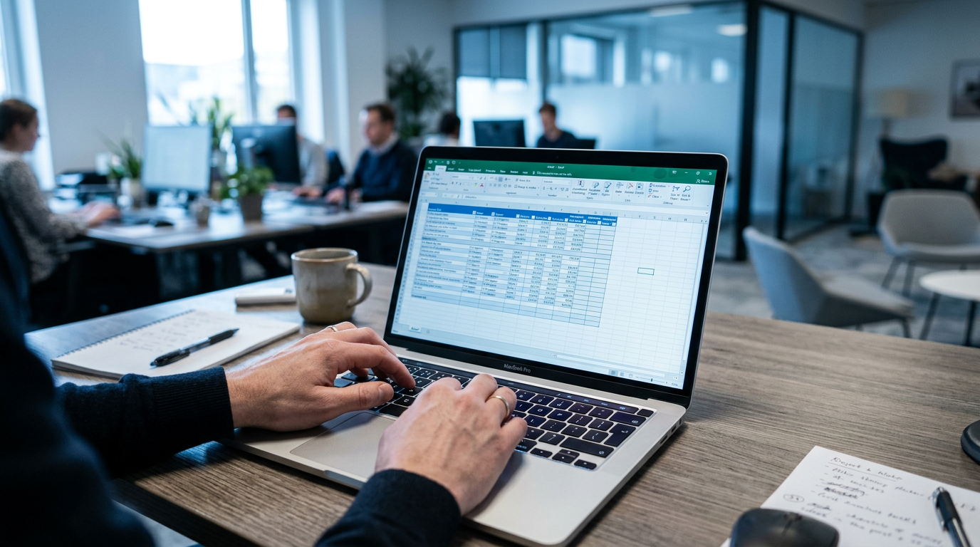 Hands working on laptop spreadsheet