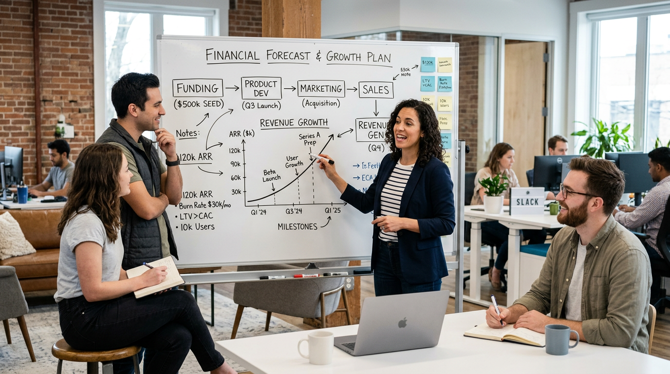 Team at whiteboard with financial diagram